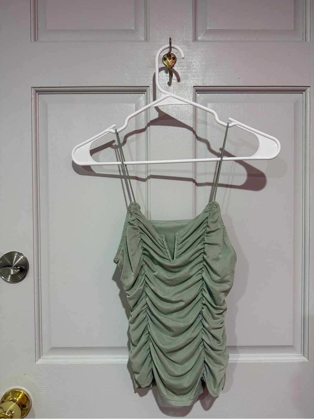 Ruched Sage Green Spaghetti Strap Tank Top